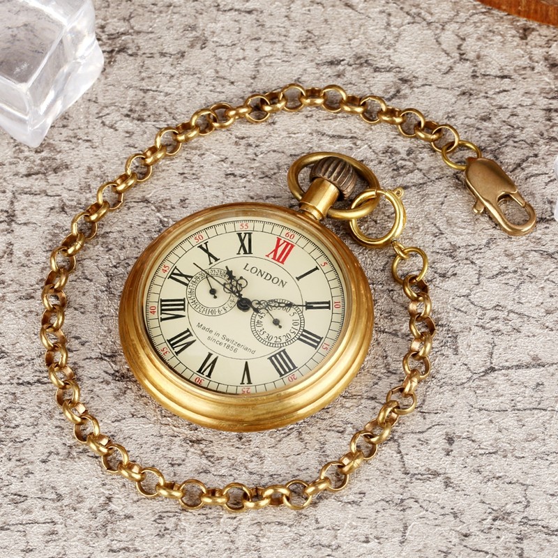 Luxury Mens Vintage Wind up Mechanical Pocket Watch with Chain Brass Fob Watches