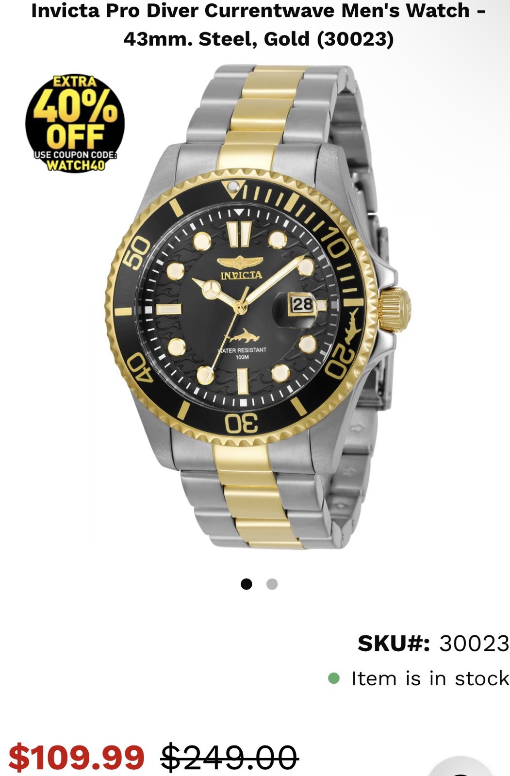 Invicta Pro Diver Men’s Watch Black Dial Black and Gold Bezel 43mm 30023 NEW