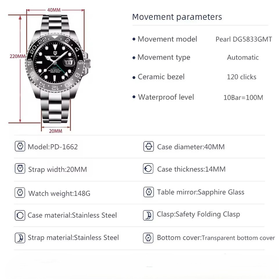 Pagani Design PD-1662 Master GMT Steel Black Grey Bezel Automatic Watch – UK