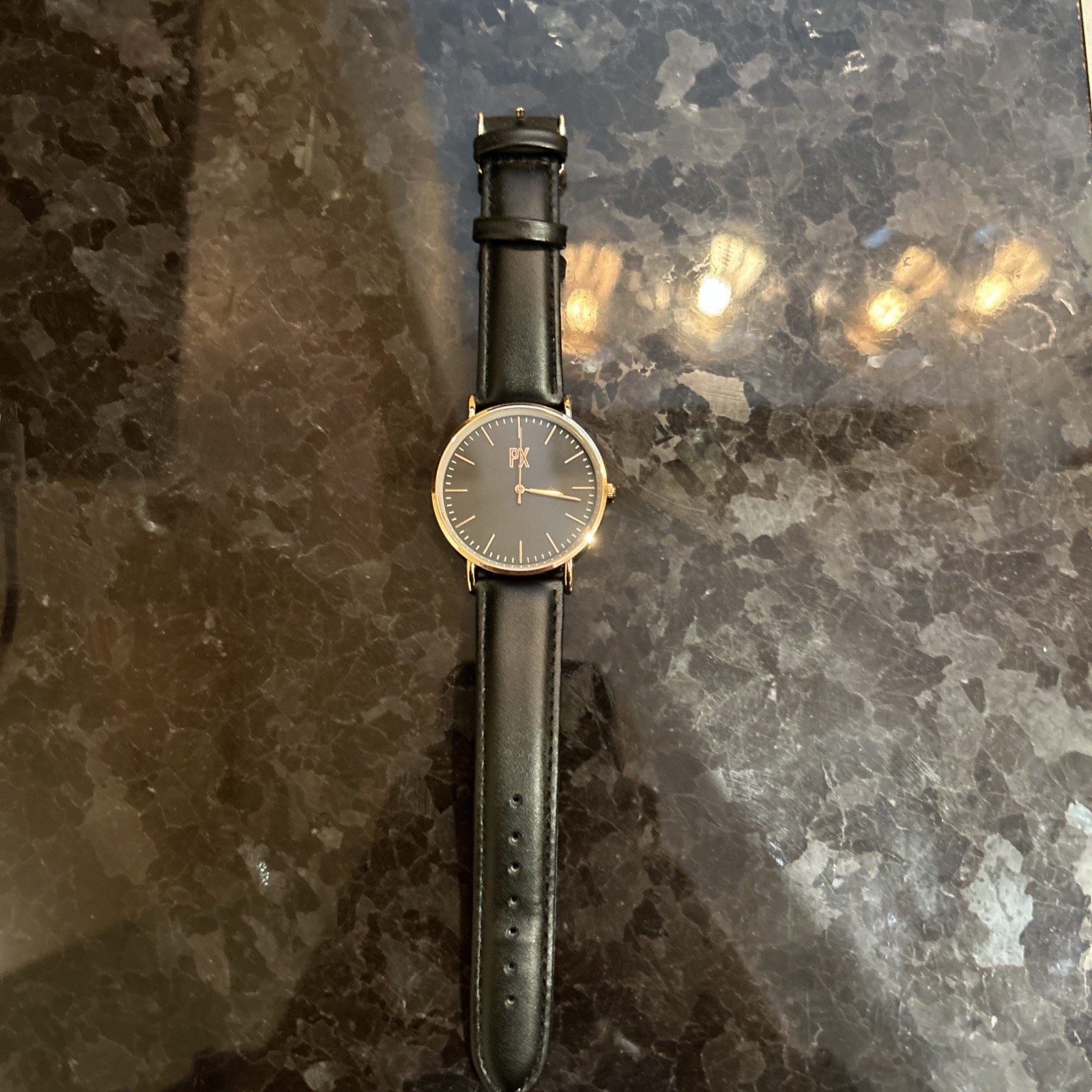 PX Men’s Genuine Leather Strap Watch- Black And Rose Gold