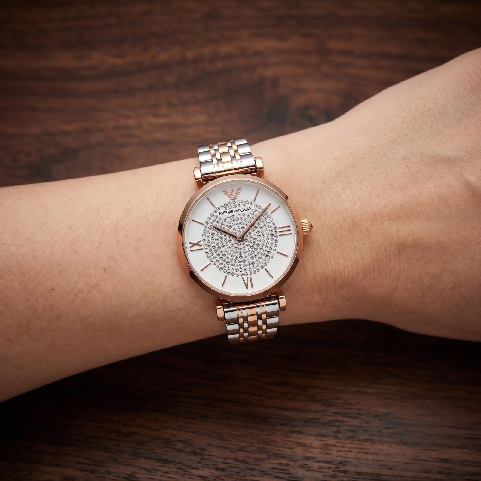 EMPORIO ARMANI WOMENS WATCH AR1926 WITH WHITE CRYSTAL DIAL & TWO TONE STRAP UK