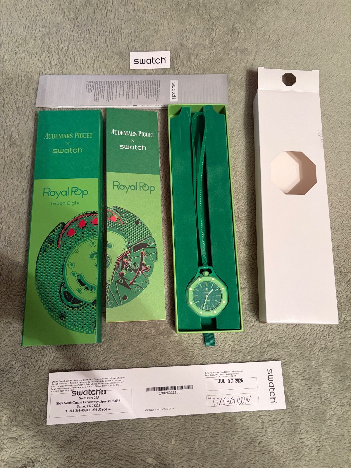 Audemars Piguet (AP) x SWATCH Royal Pop Green Eight SSX03G100N Full Set, RECEIPT