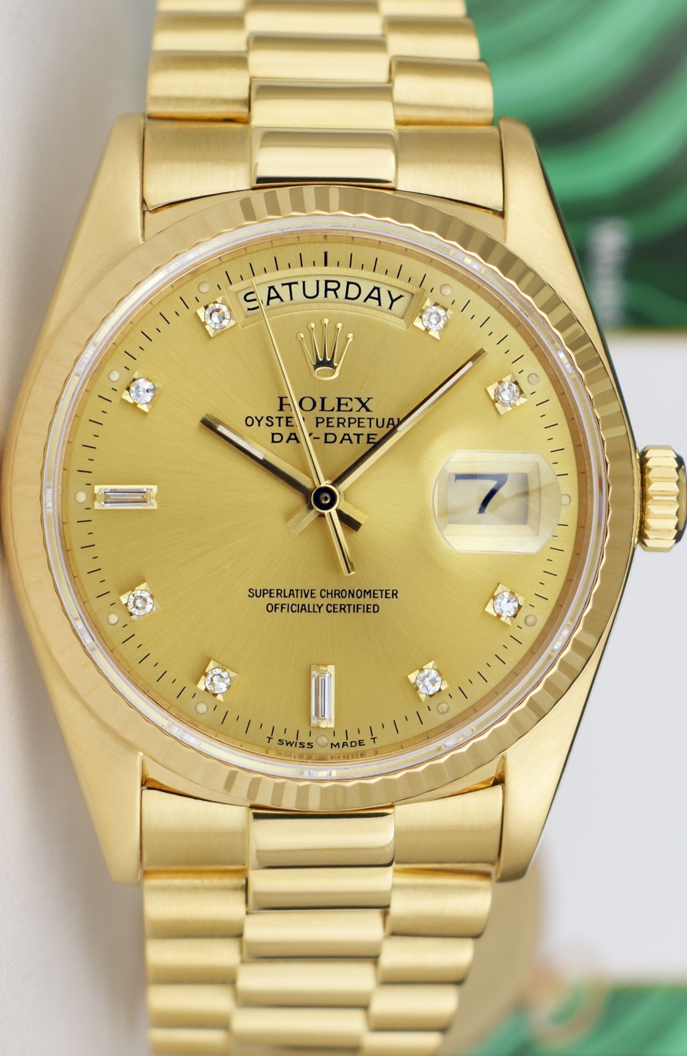 ROLEX 18kt Gold Day Date President Champagne Diamond T Swiss Dial Model 18038