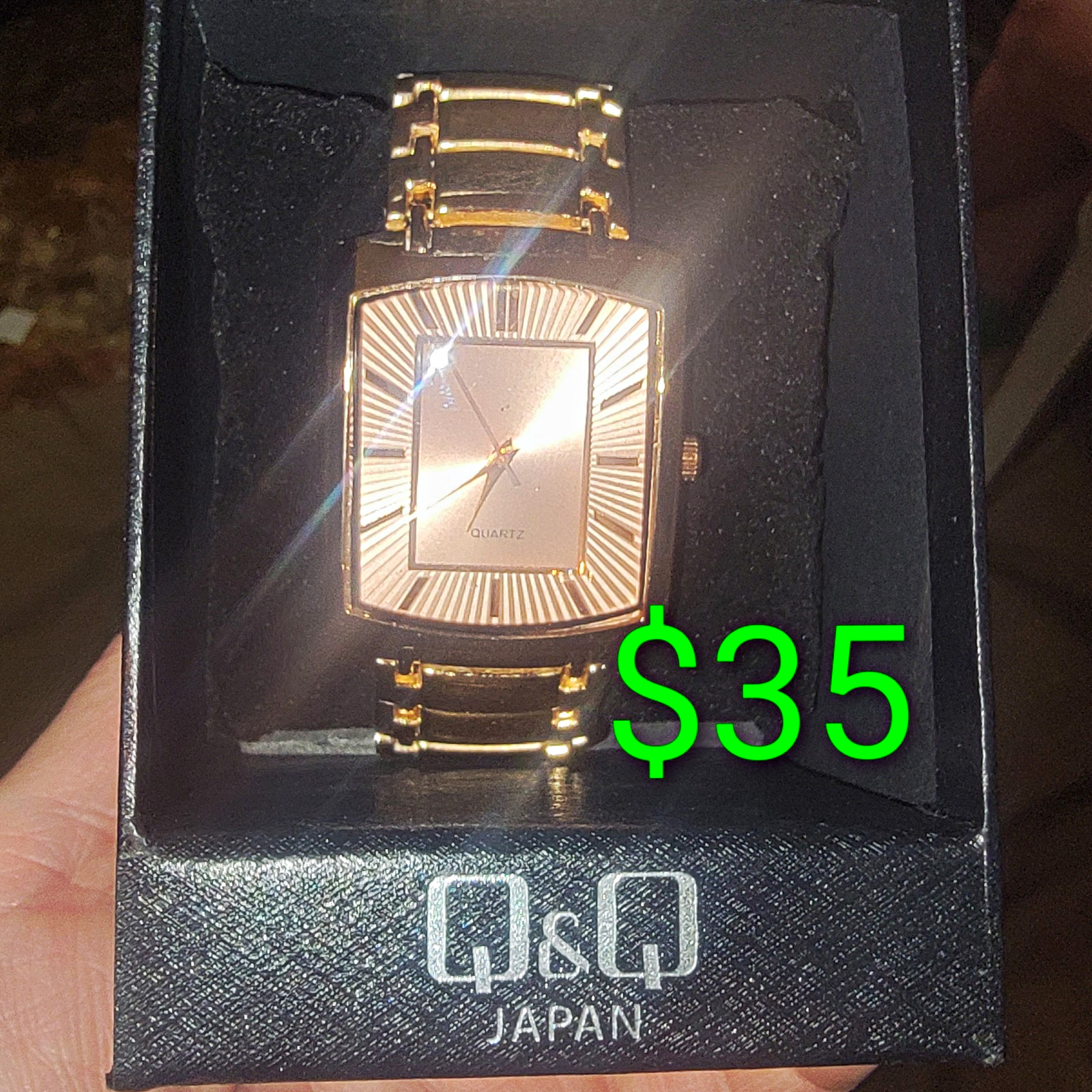 Q&Q Quartz Analog Gold Tone Rectangle Bracelet Dress Watch w/ Box