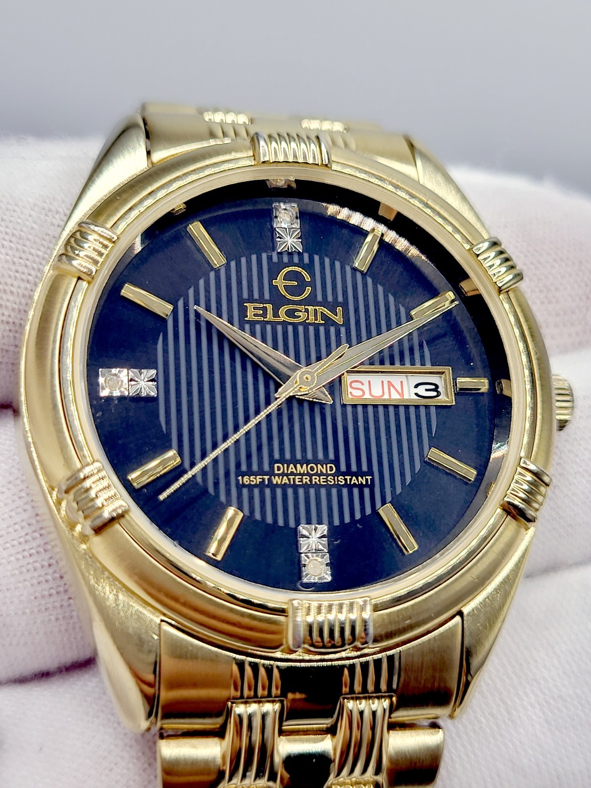 Elgin Men’s Gold Tone Watch 1990s [MINT] Black Pinstripe Dial Diamond Accents