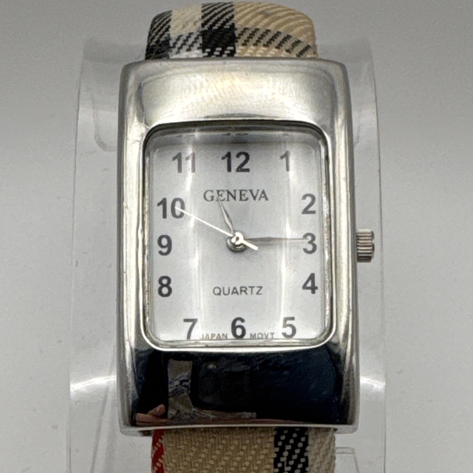 Geneva Women’s Quartz Rectangle Silver Tone Plaid Fabric Bangle Cuff Watch Works