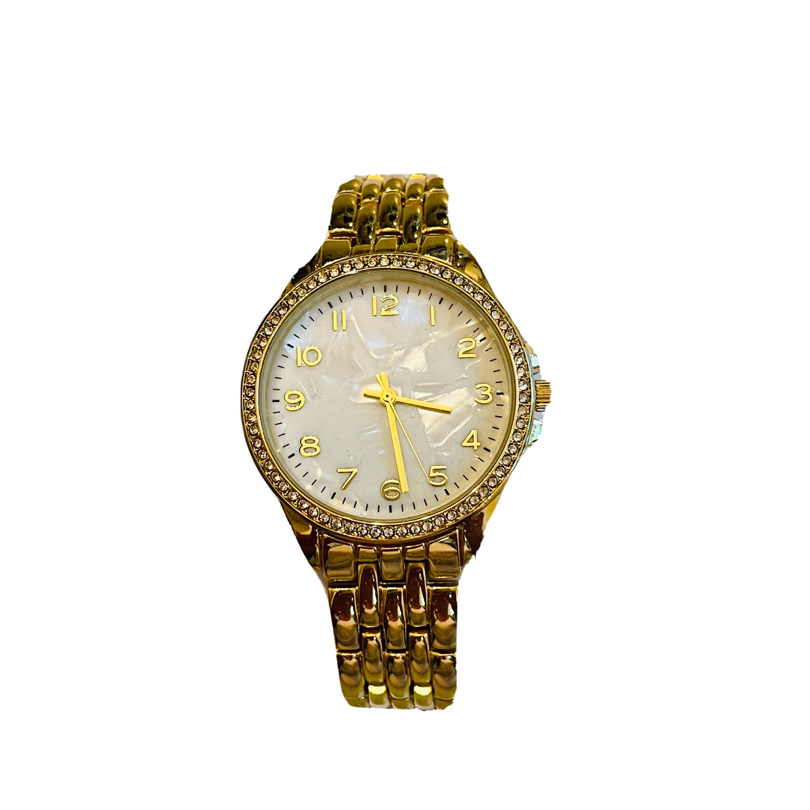 American Exchange Pavé Rhinestone Wristwatch Goldtone Mother Of Pearl Face