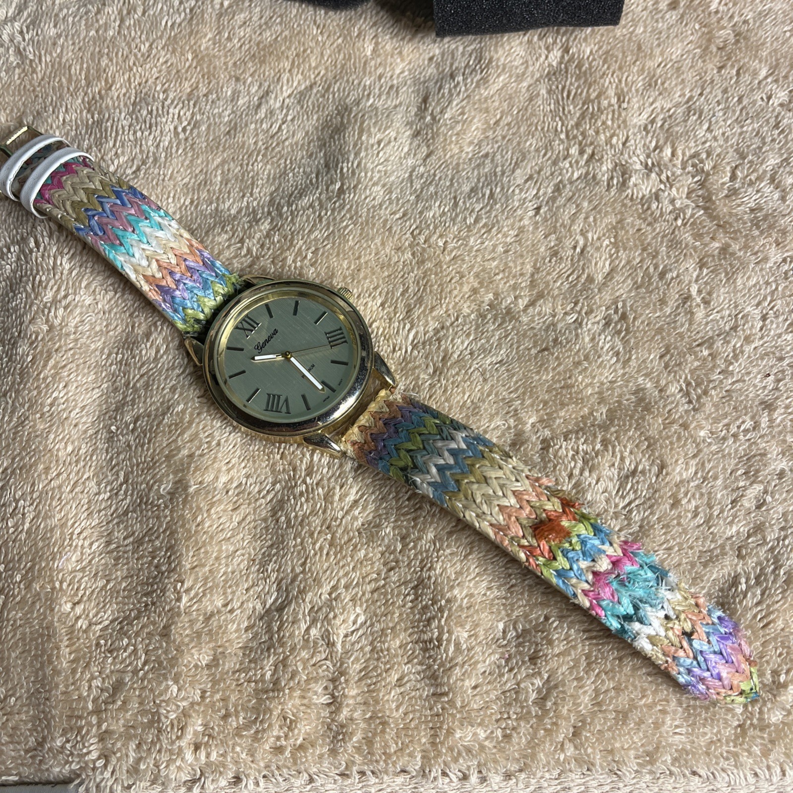 Geneva Gold Tone Watch Multi-color Adjustable Woven Yarn Band Roman Numerals