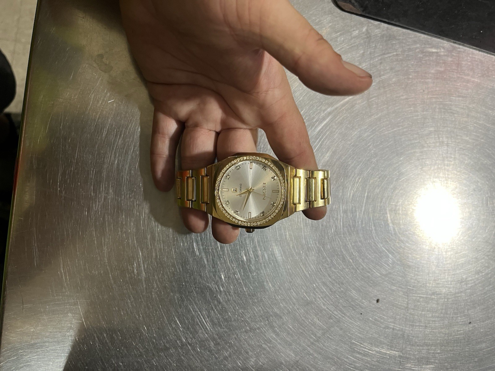 Elgin Diamond Men’s Quartz Dress Watch Gold Tone SS Silver Dial Date 35mm