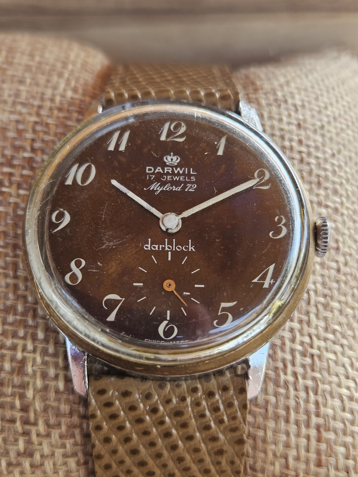 Darwil Vintage Swiss Manual Watch. Stunning Tropical Patina Black Pearl Dial.