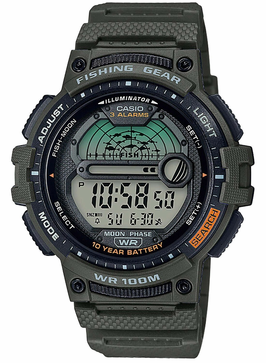 NEW Casio WS-1200H-3AV Fishing Tide/Moon Graph 10 Year Battery Green 3 Alarms