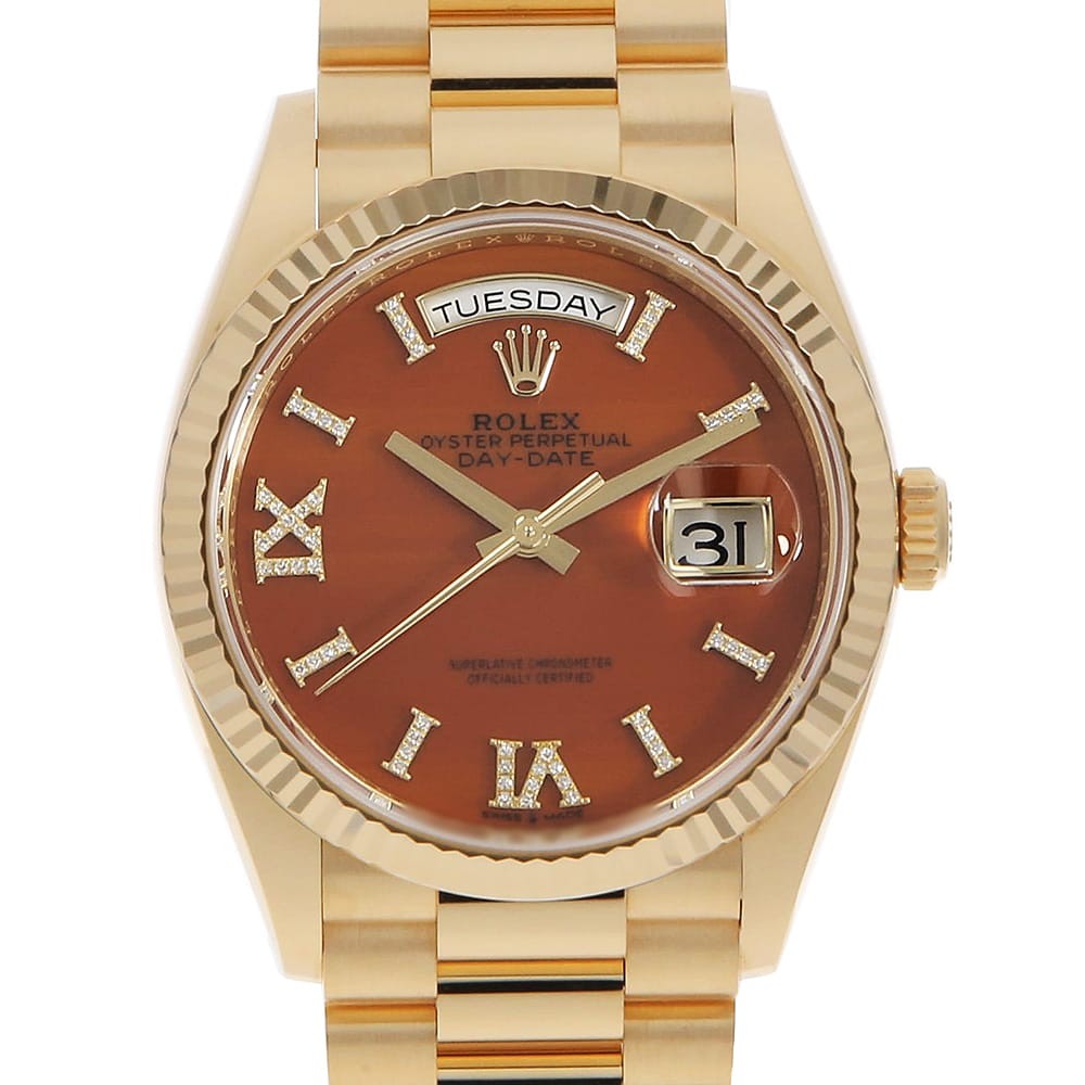 ROLEX Day-Date 36 with paved diamond indexes 128238 Carnelian Rome Random Nu…
