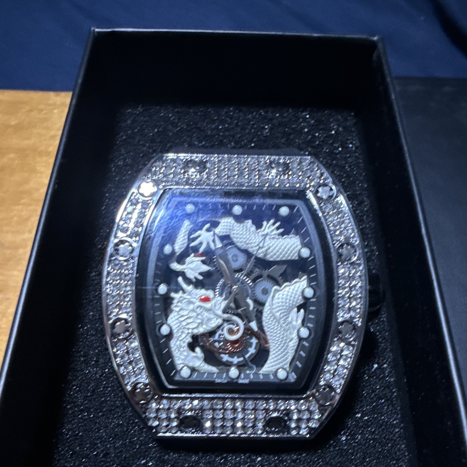 Tonneau/Barrel Skeleton Dial Analog Wristwatch Black Rubber Strap w/ Box