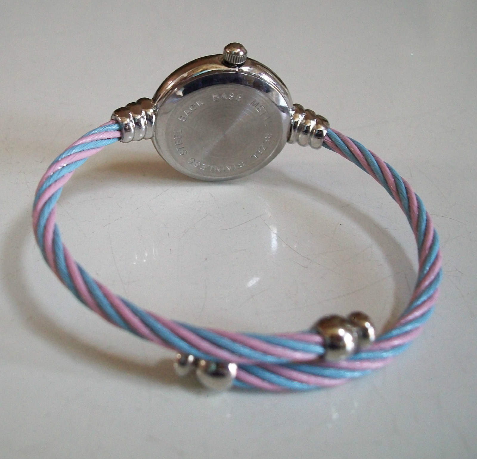 Pink & Blue Silver Finish Cable Band Bangle Cuff Fashion Women’s Girl’s Watch