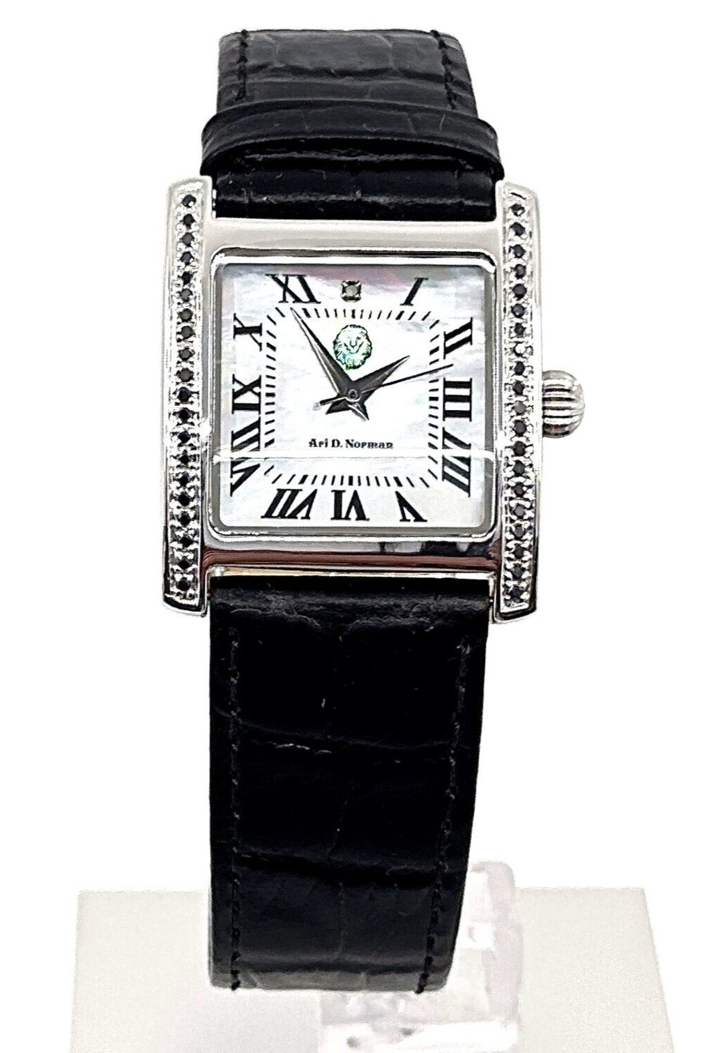 Unisex Watch 925 Sterling Silver Set With Diamonds With Black Leather