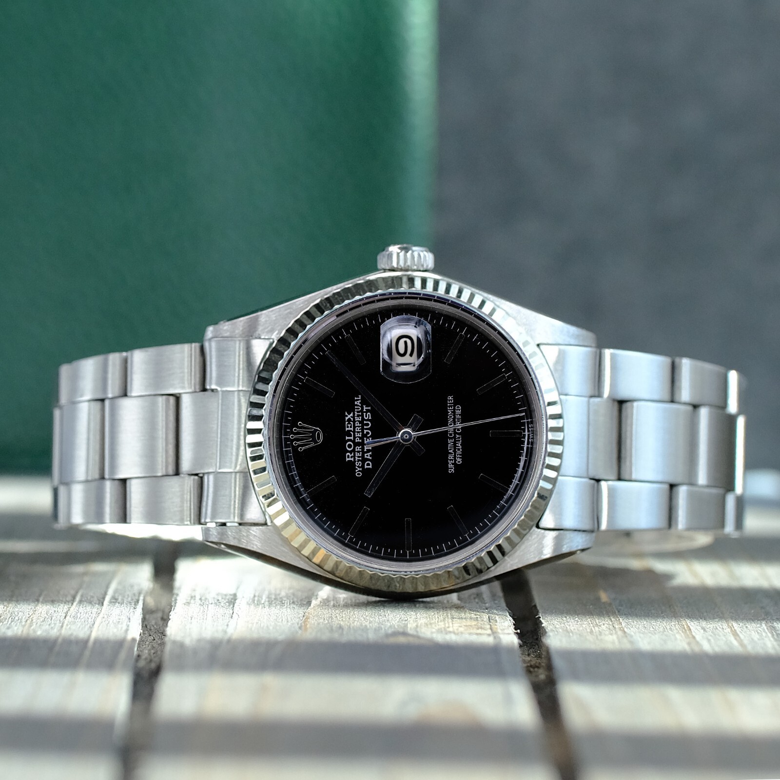 ROLEX MENS DATEJUST SS BLACK INDEX DIAL FLUTED OYSTER BAND 36MM WATCH 1601
