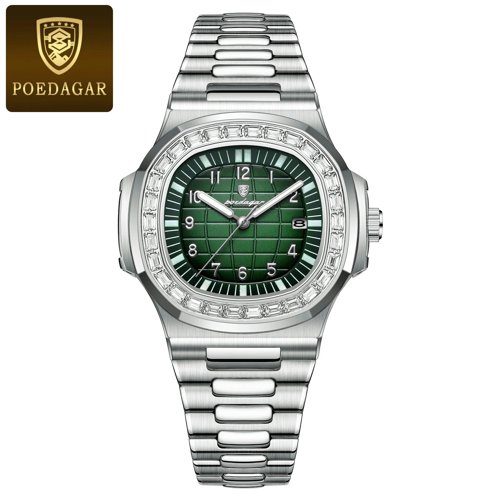 POEDAGAR Men’s Square Quartz Watch Waterproof Luminous Date Stainless Steel