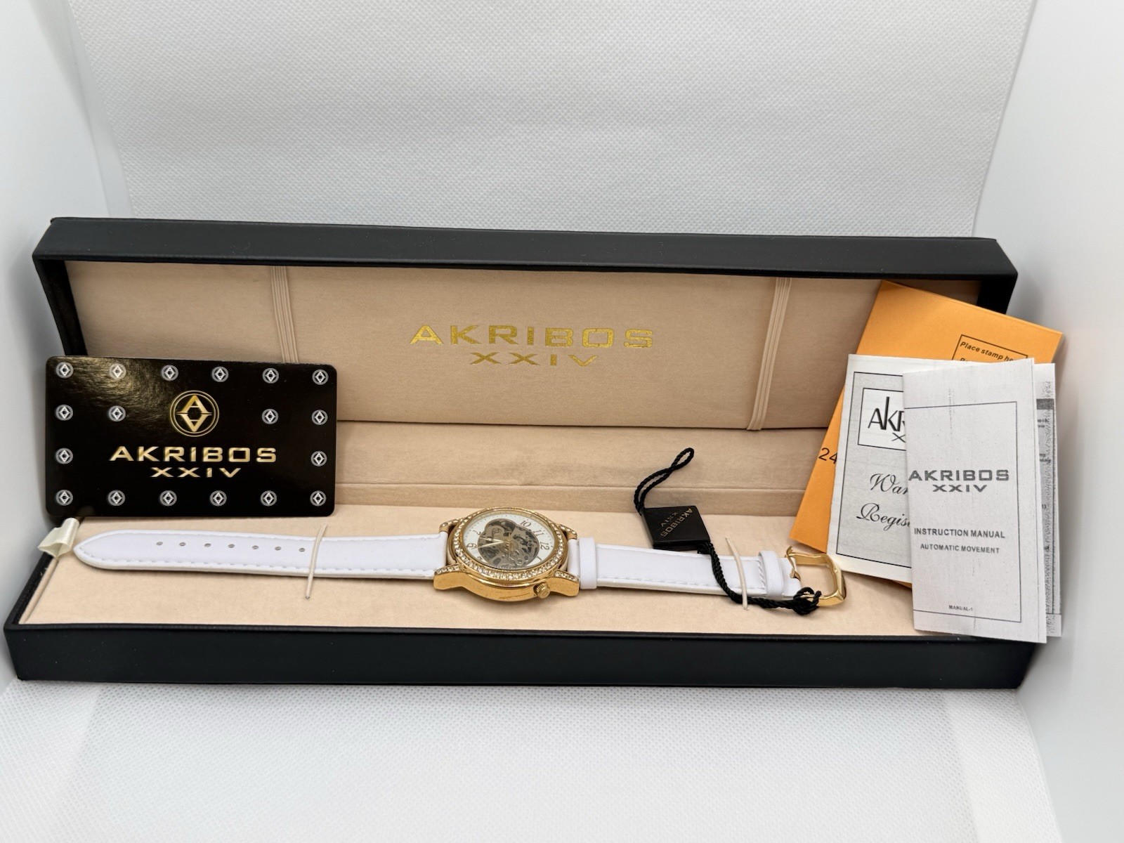 Akribos XXIV Women’s Watch AK475WT CRYSTAL SKELETON LEATHER Holiday Gift New