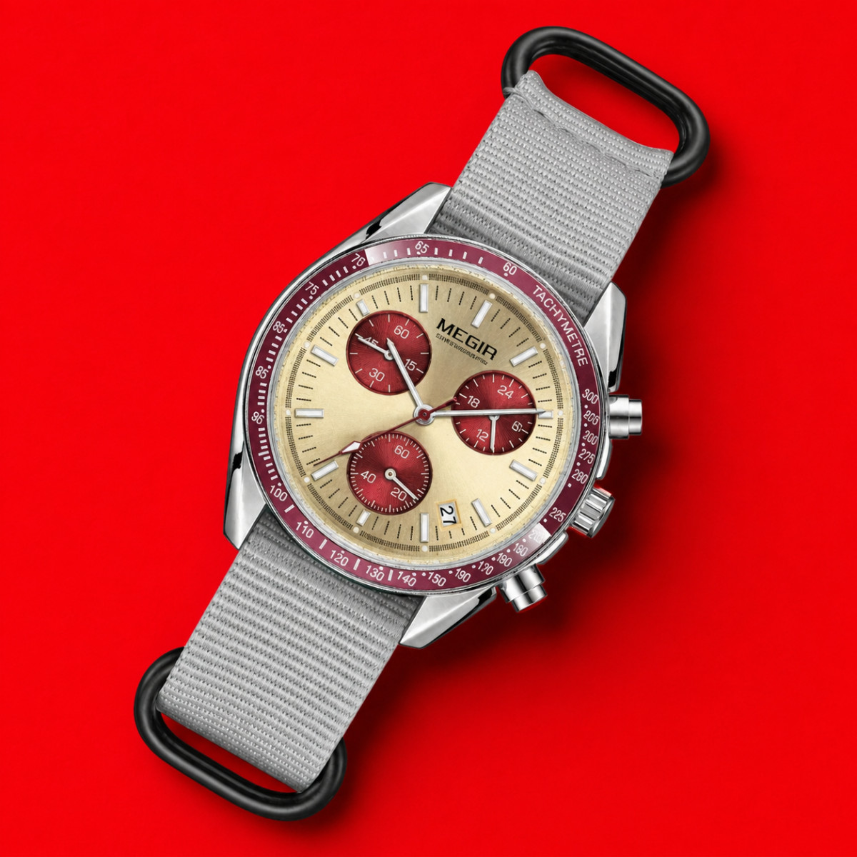 Men’s Sport Chronograph Watch Nylon Band Quartz Gold Red Dial Wristwatch Megir