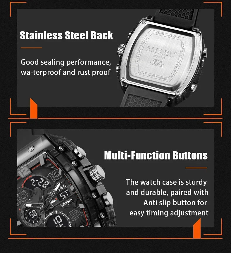 8109 Men’s Multifunctional Digital Sports Watch 50M Waterproof Dual Display LED
