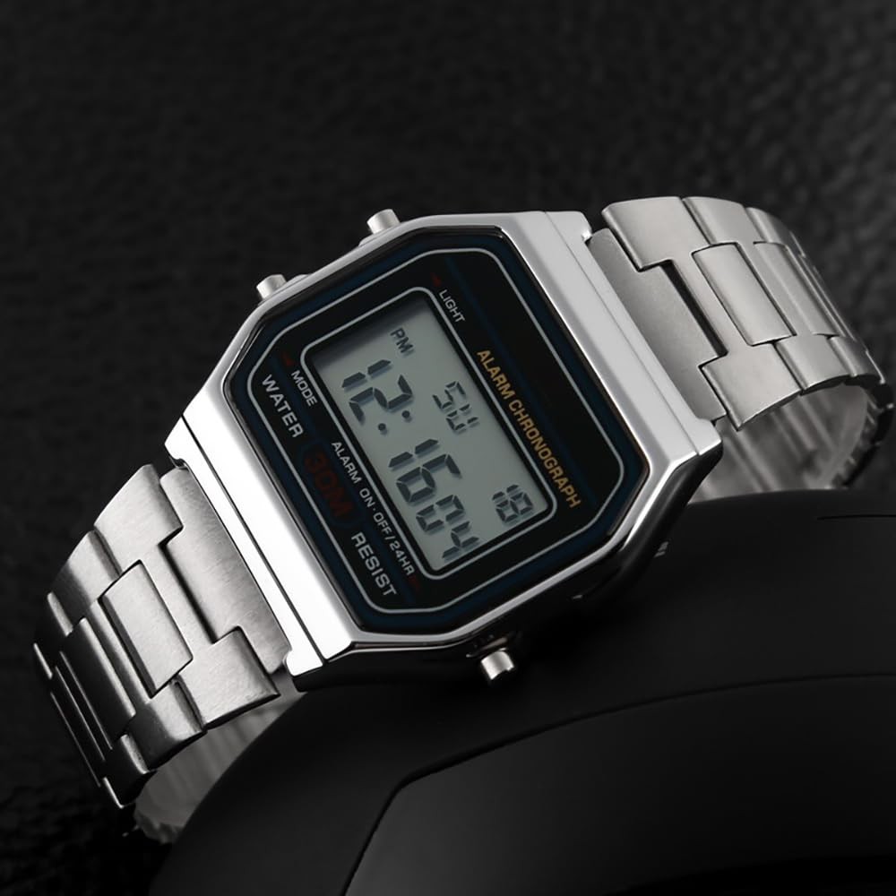 Men Lady Vintage Retro Gold Stainless Steel Digital Casual Watch Alarm Stopwa…