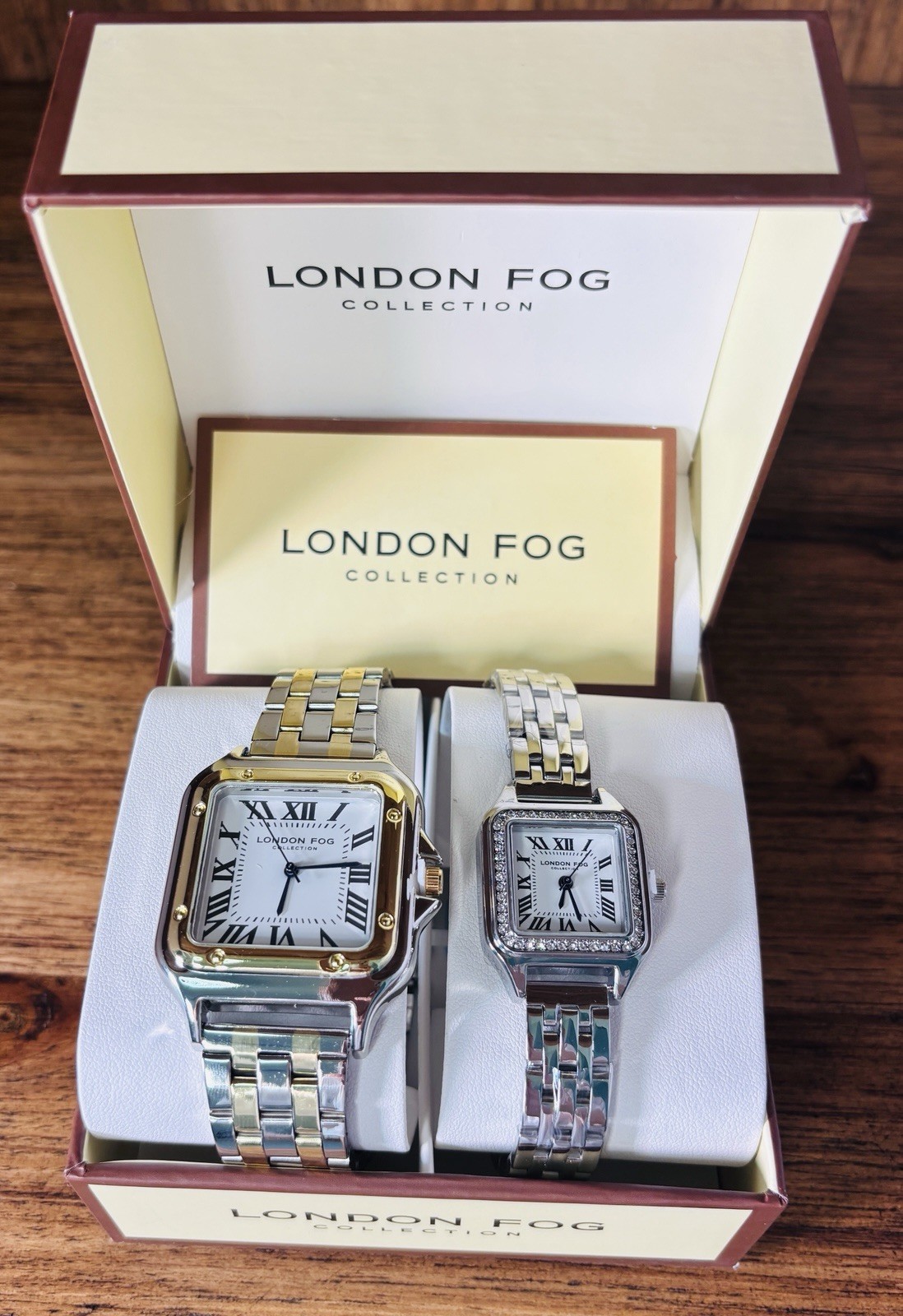 London Fog His and Hers Watch Set Two-Tone Silver Gold Square Roman Numeral NIB