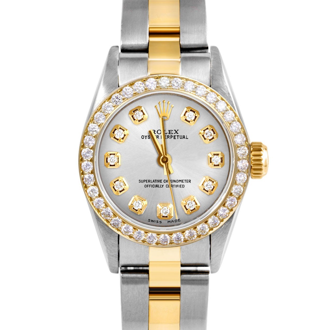 Rolex Ladies TT Oyster Perpetual Silver Diamond Dial Diamond Bezel Oyster Band