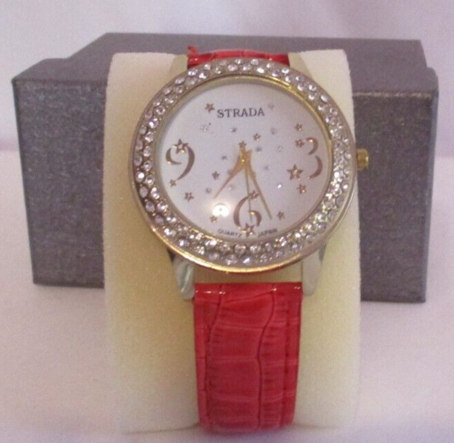STRADA Womens Watch Austrian Crystal Red Faux Leathe Band SPLASH WATER RESISTANT