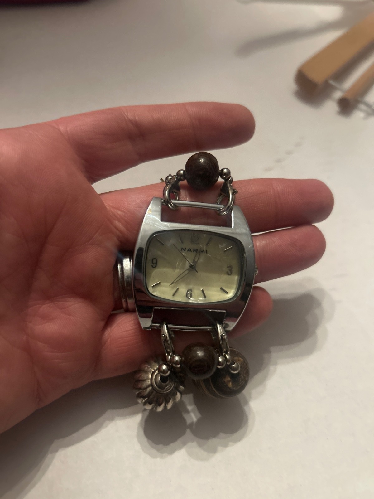 Narmi Watch With Stretch & Beaded Band Wide #1086 New Battery