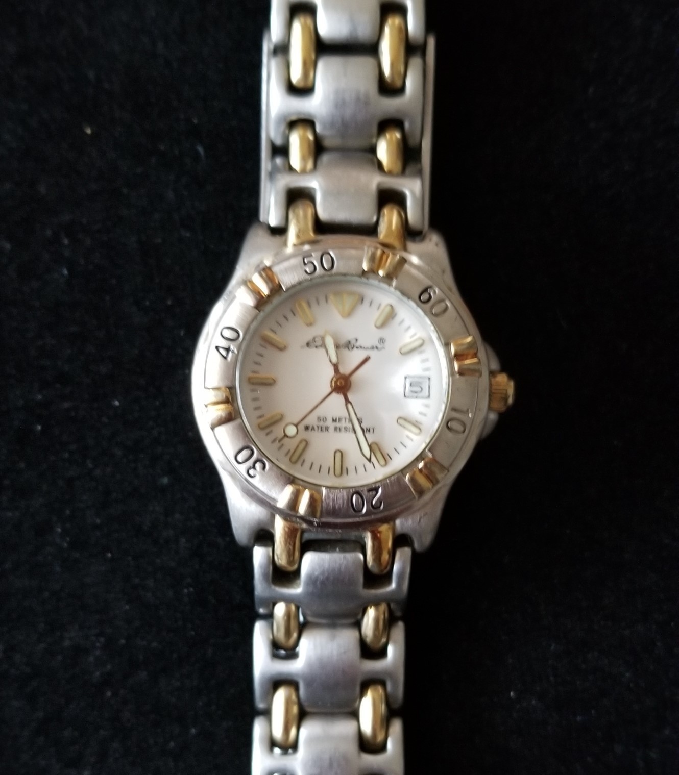 Eddie Bauer Two Tone Date Watch Rotating Bezel Link Band 6.5″ Max Size New Batt.