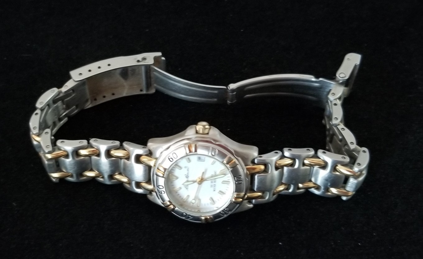 Eddie Bauer Two Tone Date Watch Rotating Bezel Link Band 6.5″ Max Size New Batt.