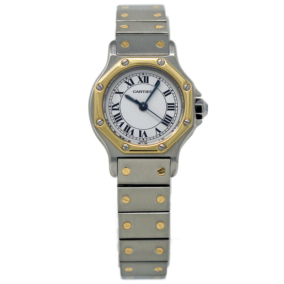 Cartier Santos Octagon Steel Gold Automatic White Roman 1Year Warranty #547-1