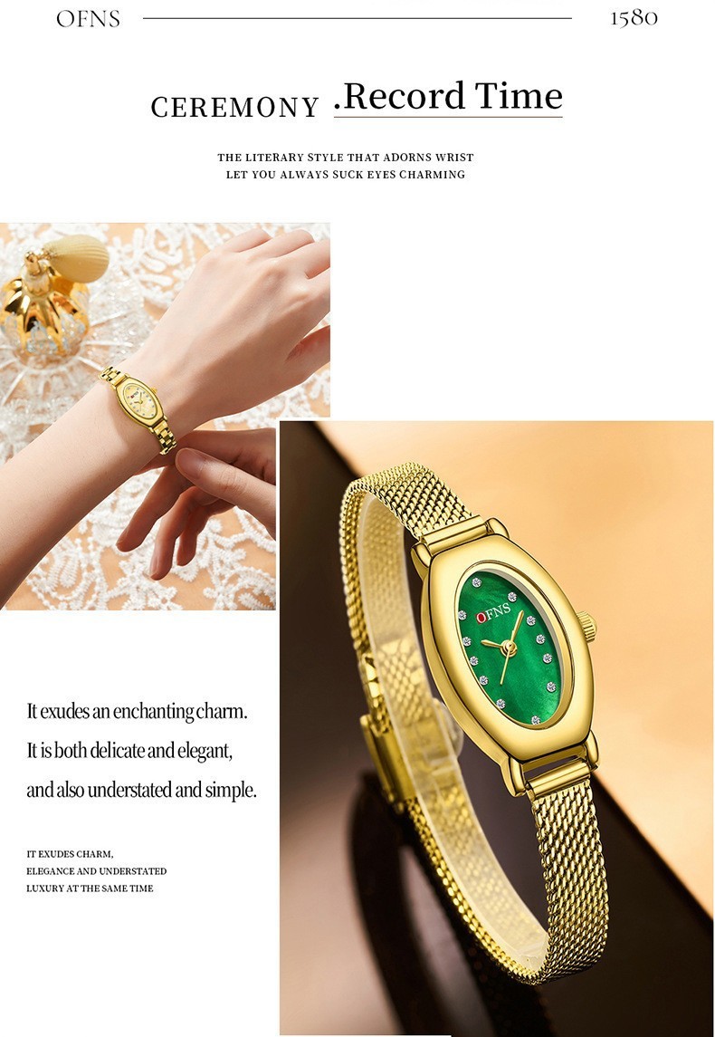 Exquisite oval diamond studded dial steel strap quartz waterproof women’s watch
