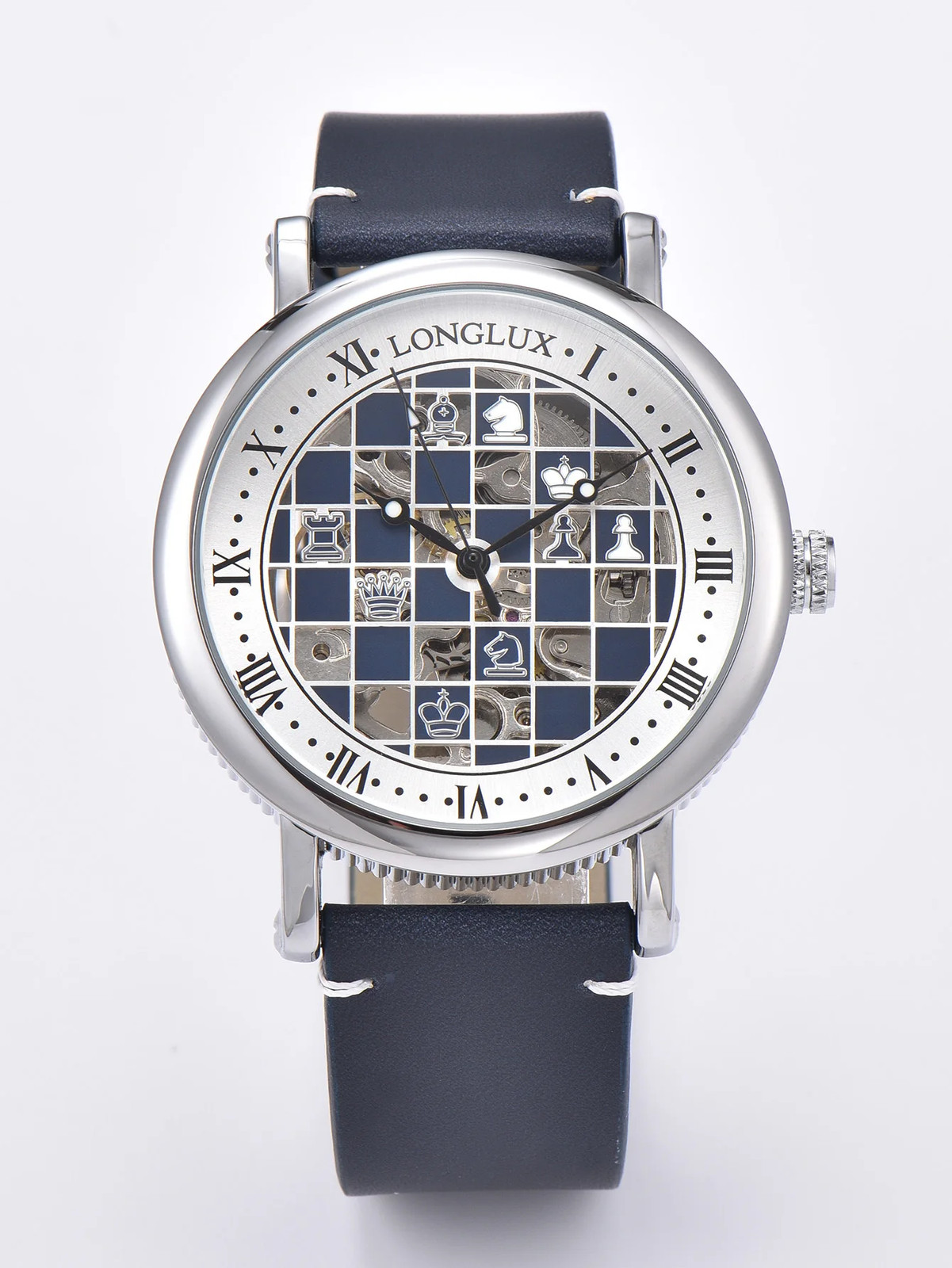 Men’s Automatic Skeleton Watch Checkerboard Dial Leather Waterproof Luminous