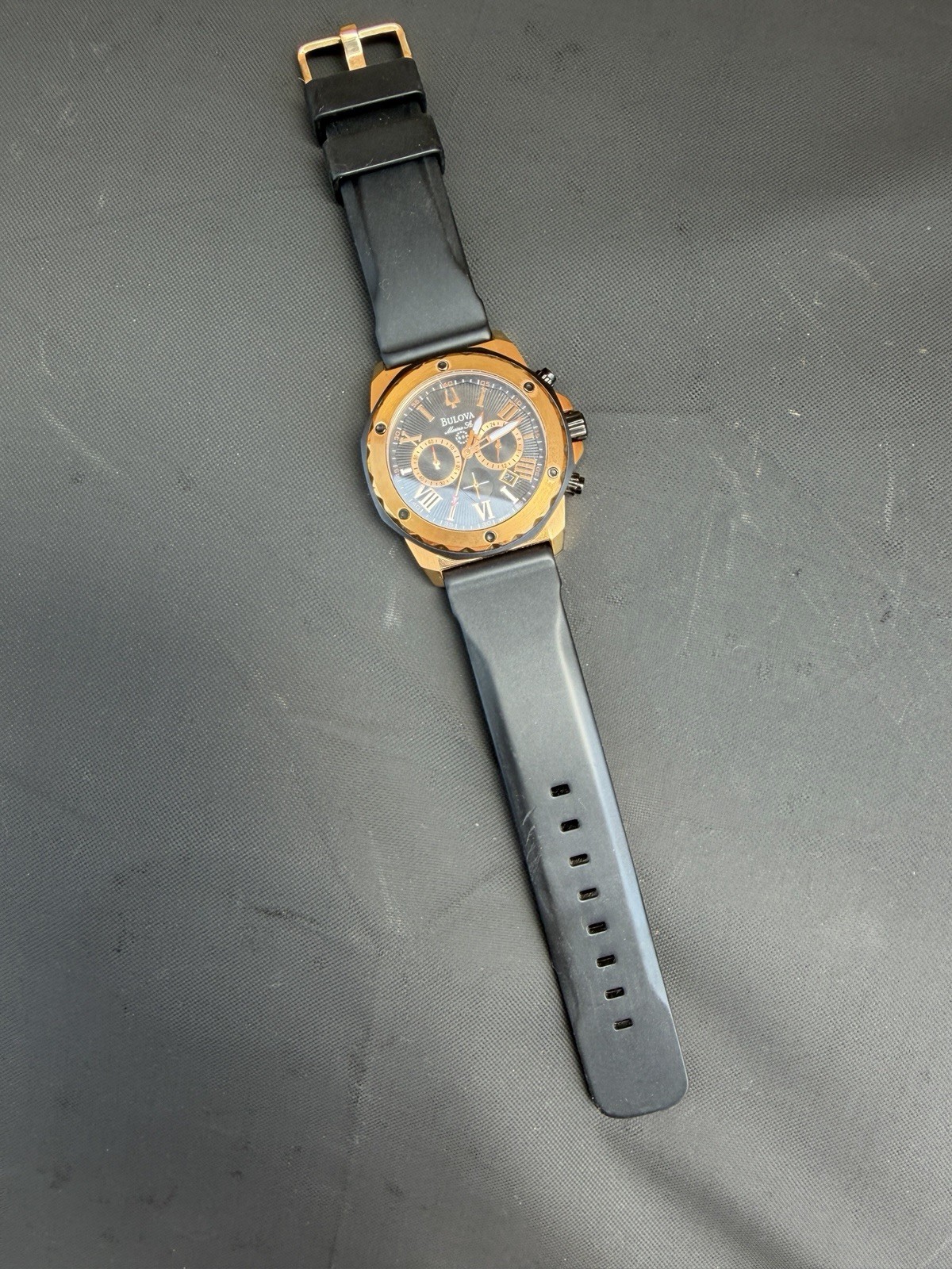 Bulova Marine Star Rose Gold Chronograph Black Silicone Strap Men’s Watch 98B104