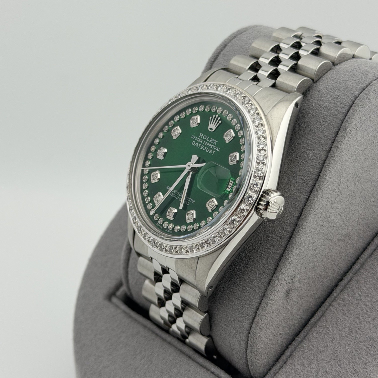 Rolex Datejust 16014 36mm Green Diamond Dial Diamond Bezel Steel Jubilee