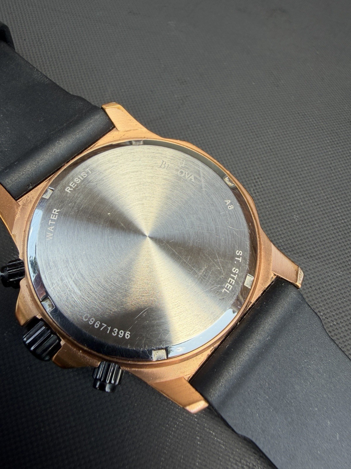 Bulova Marine Star Rose Gold Chronograph Black Silicone Strap Men’s Watch 98B104