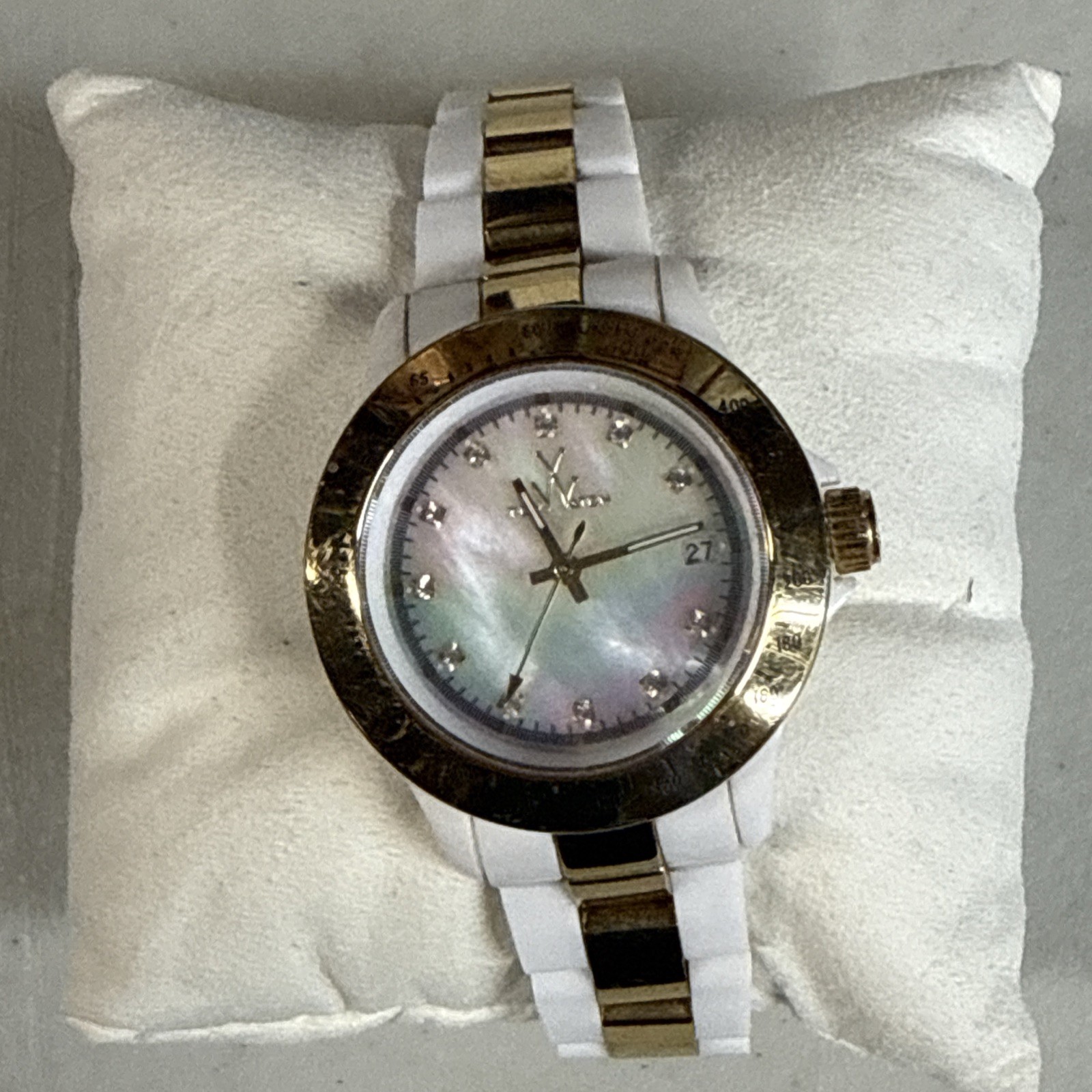 Womens Toy Watch White & Gold Toned Wristwatch Mother Of Pearl Dial New Battery!