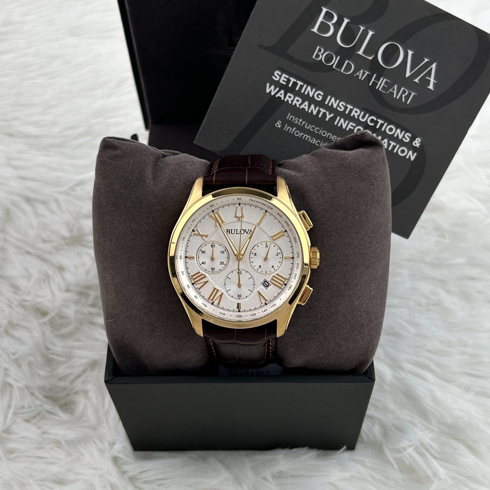 Bulova 97B169 Wilton Chronograph Gold Tone Brown Leather Men’s Watch 46.5mm
