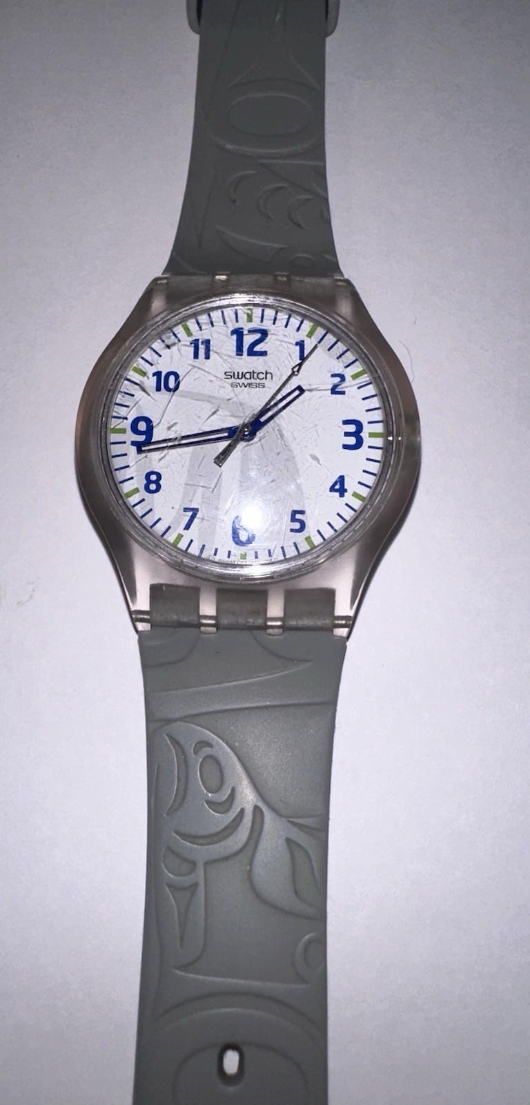 Rare VTG Swatch Watch Happy Games, New Battery, Gray Band White Face Blue Green