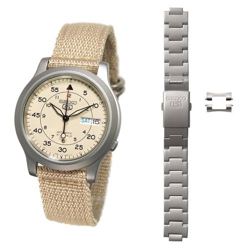 Seiko SNK803K2 Automatic 37mm Beige Dial Nylon Strap + Metal Band Set New