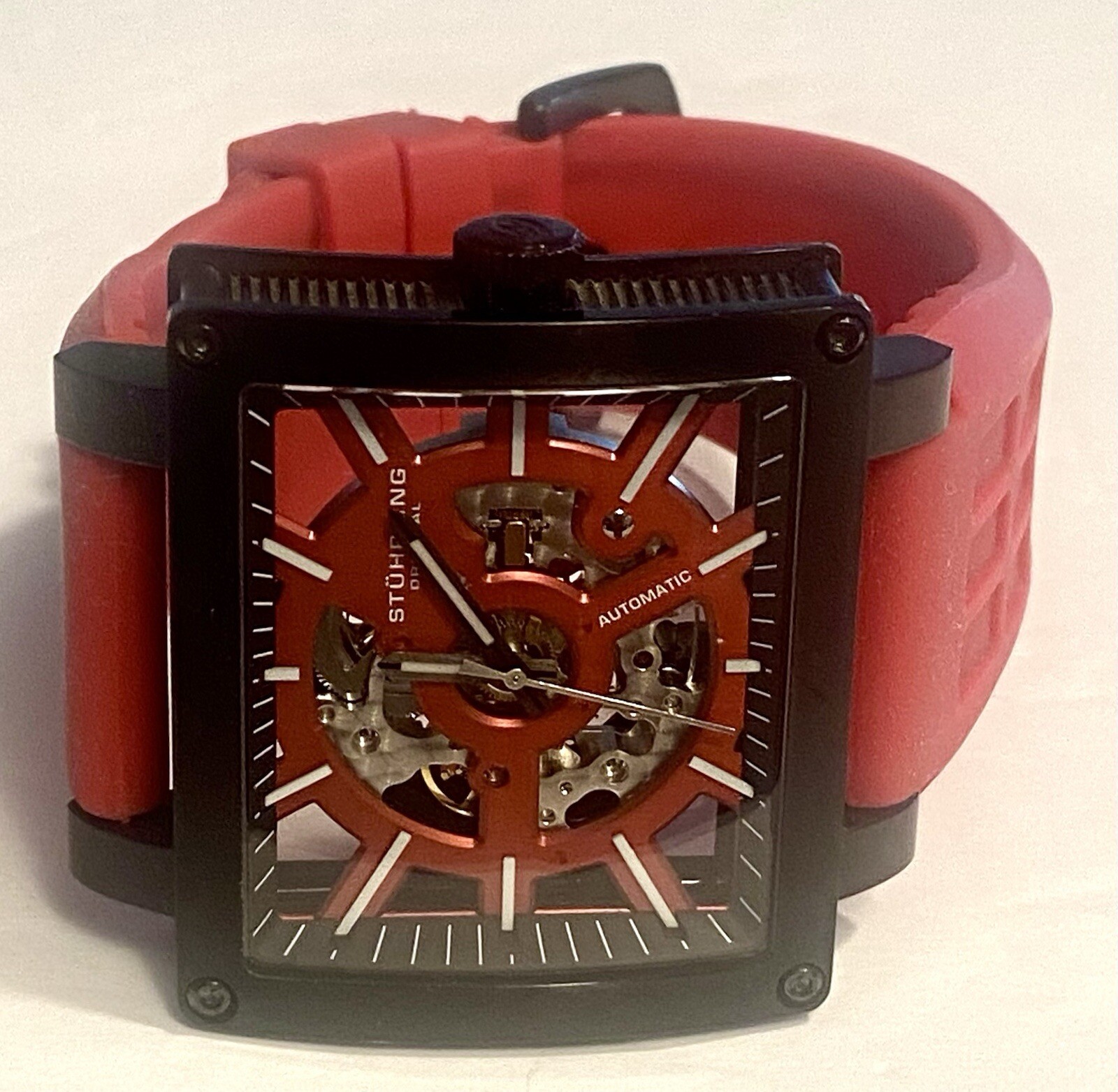 46mm Auto Skeleton Black Rectangular Red Strap WILD AXIS Mens Watch by STUHRLING