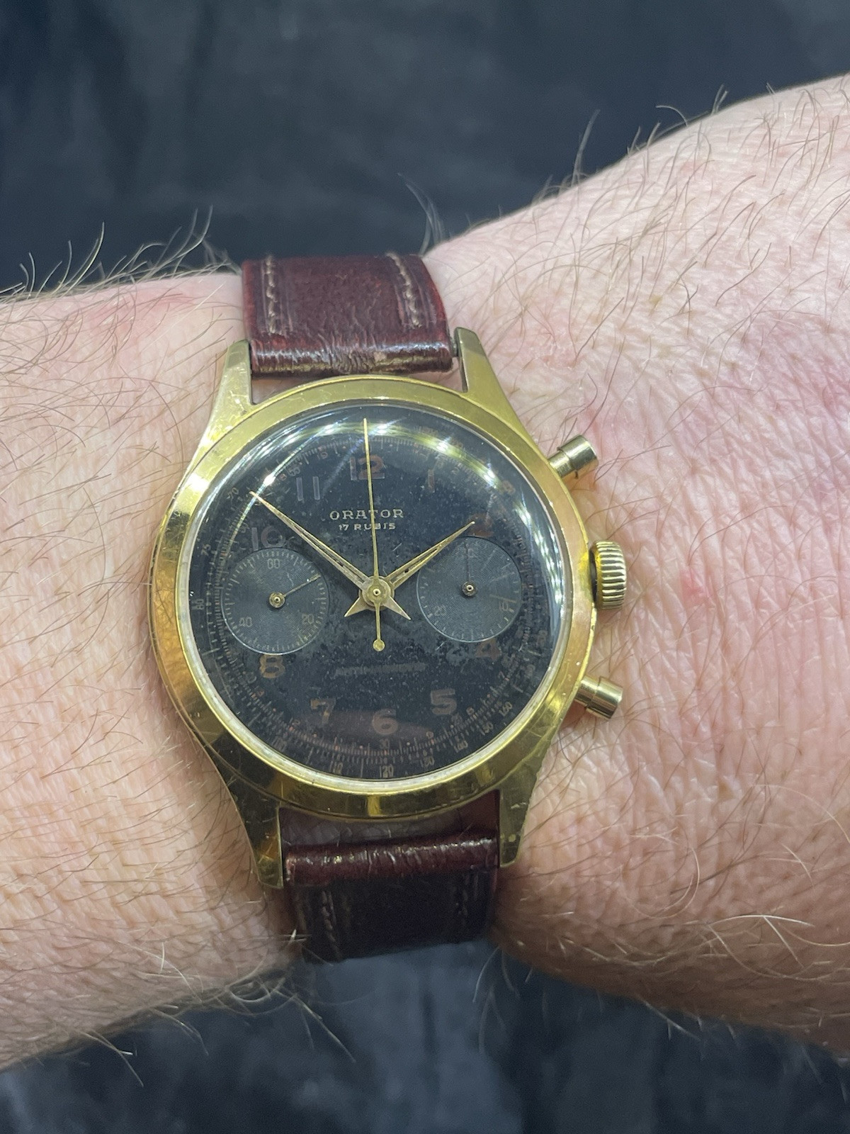 Vintage Orator Chronograph With Cool Blackout Dial, Pump Pushers Landeron 48