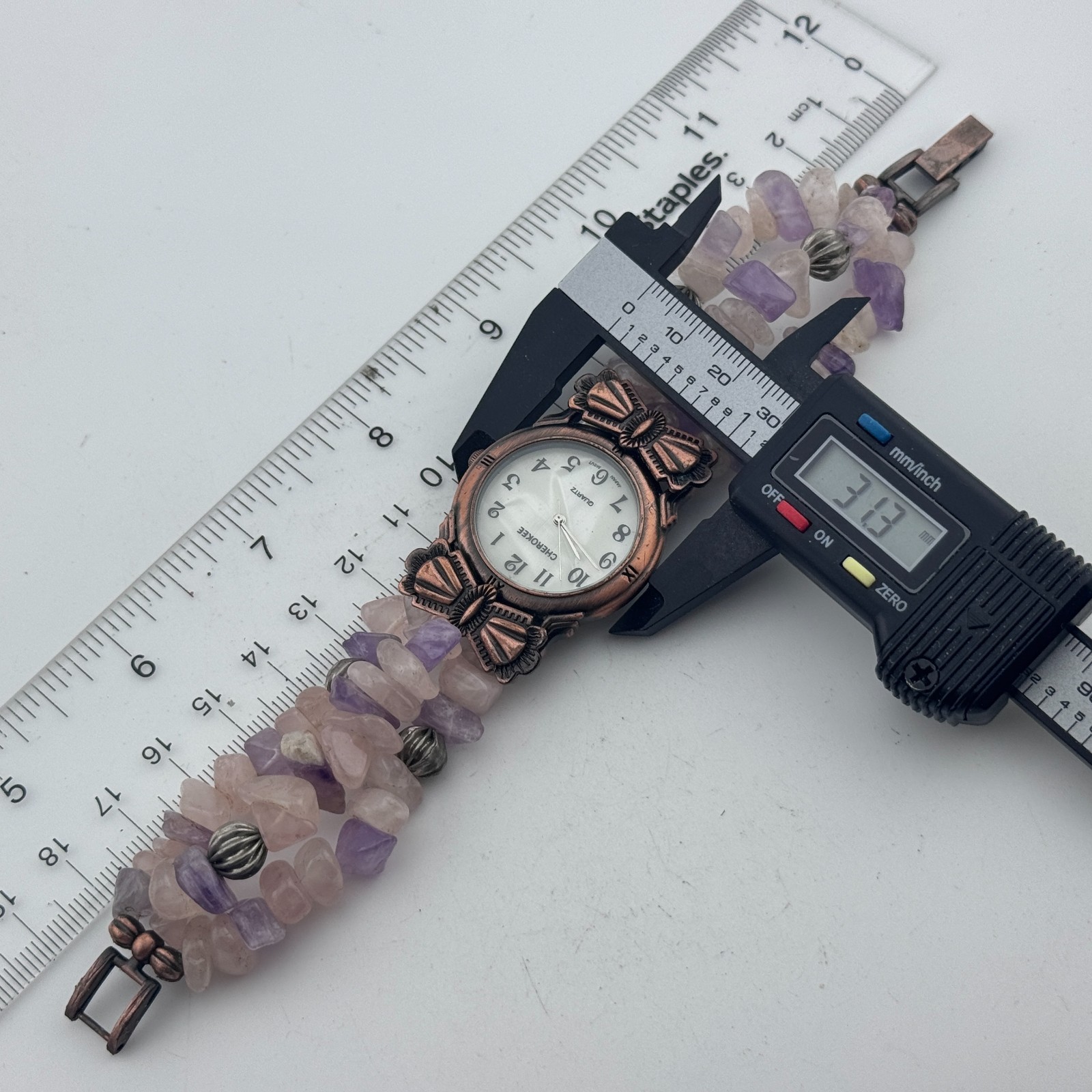 Cherokee Quartz Watch Women Bronze MOP Dial Stone Beaded Band New Battery 6.75″