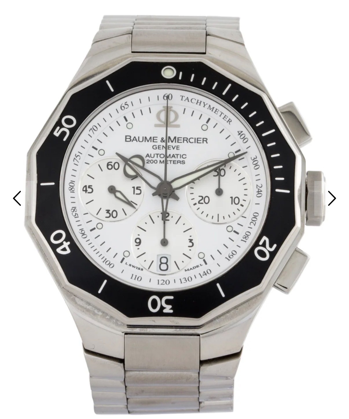 M0a08724 Baume And Mercier Gents Chrono Auto Steel Bnd Wht Dial