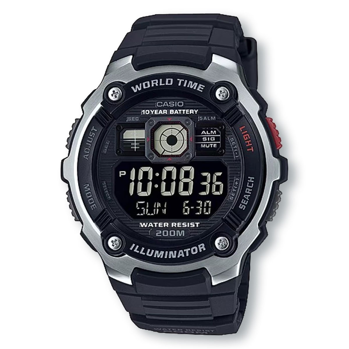 CASIO AE2000W-1B Illuminator World Time 10-Year Battery Digital Watch, Silver