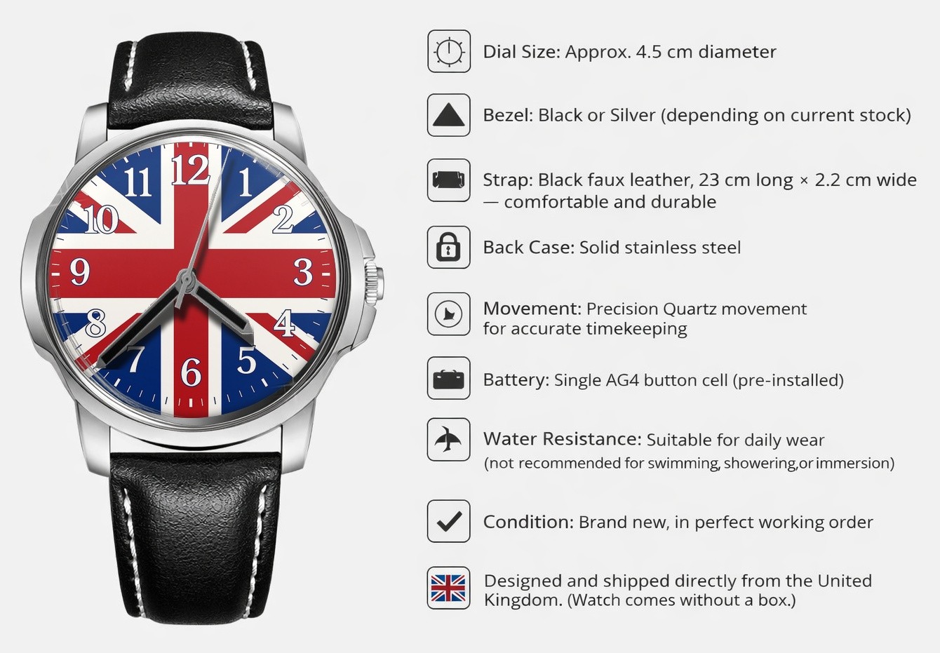 Union Jack Flag Of United Kingdom Leather Strap Big Dial Wrist Watch