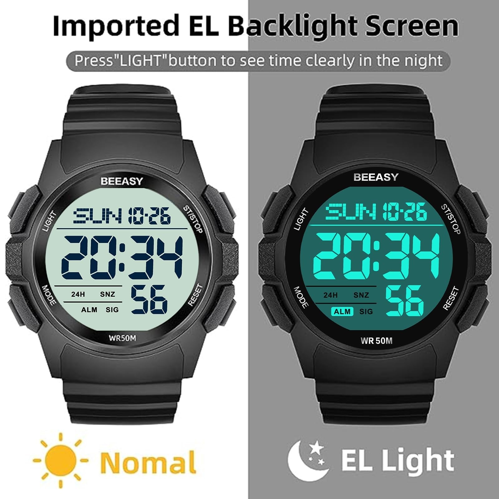 Men’s Digital Sports Watch 50M Waterproof 49mm Rubber Strap Stopwatch Timer Alar