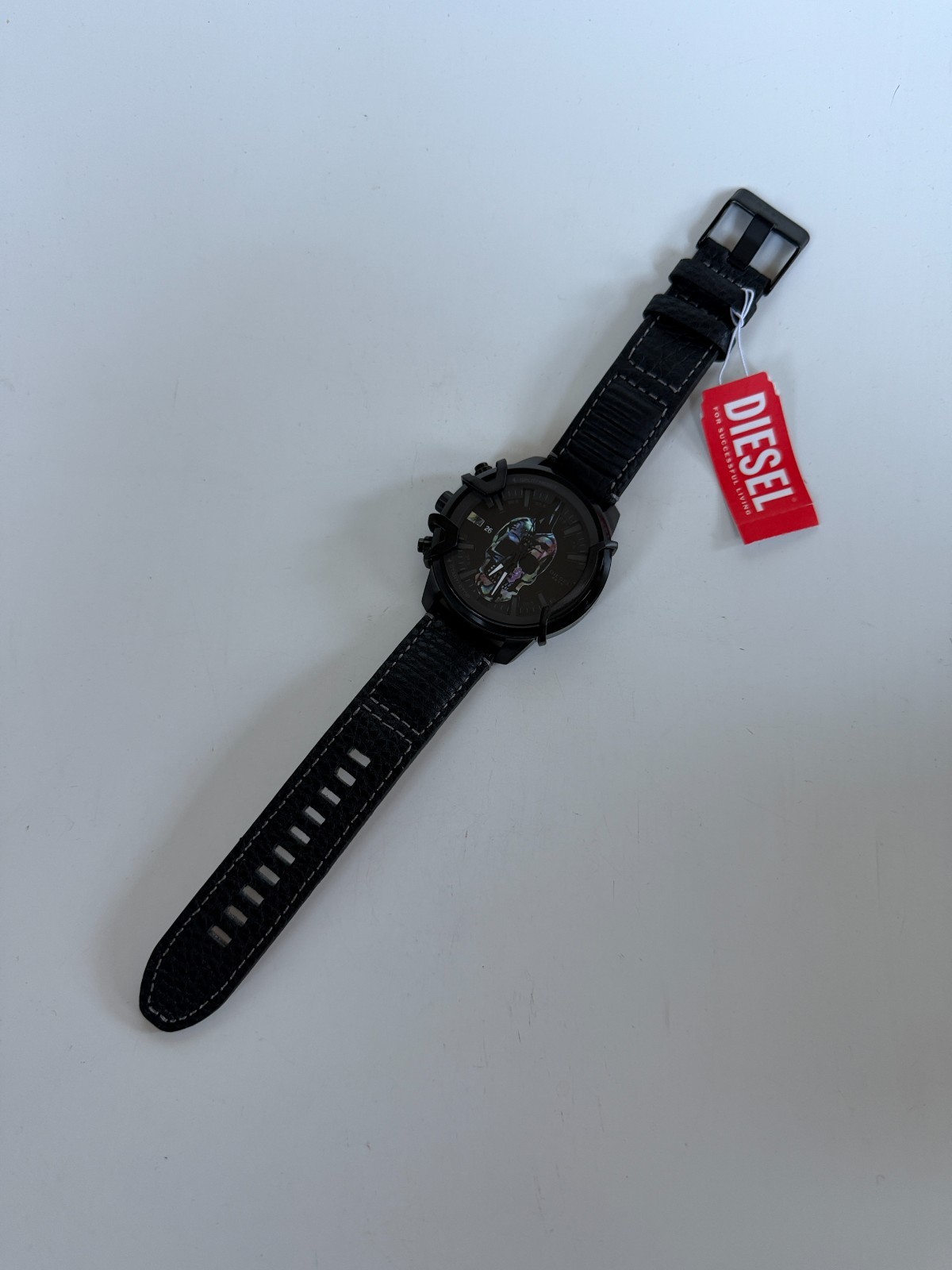 Diesel DZ4576 GRIFFED Skull Dial Black Leather Strap Watch BNWT Gift Box $270