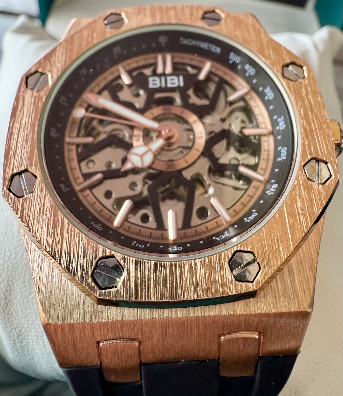 BIBI Skeleton Automatic Watch Rose Gold Black Silicone Strap 41.5mm New Box